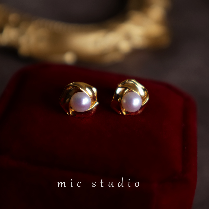 MIC·夜上海 vintage纯银镀金耳钉天然小珍珠花瓣法式复古宫廷饰