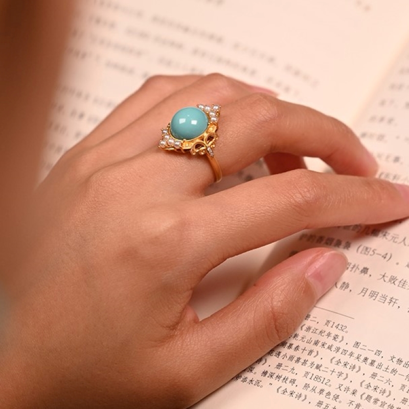 东游记 原矿天然湖北绿松石戒指女款高端18k金镶钻珍珠高瓷戒指环