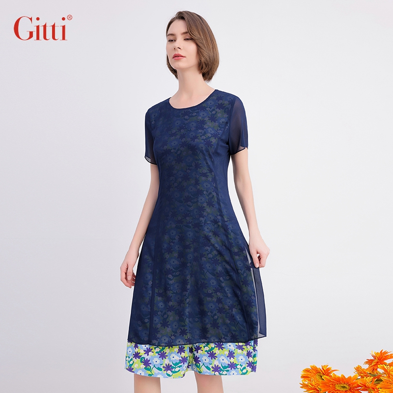 Gitti/吉蒂时尚碎花假二件拼接收腰显瘦圆领雪纺连衣裙G231598