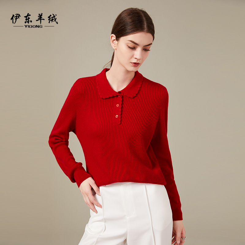 内蒙古中国红羊绒衫女100纯羊绒中老年翻领套头针织毛衣