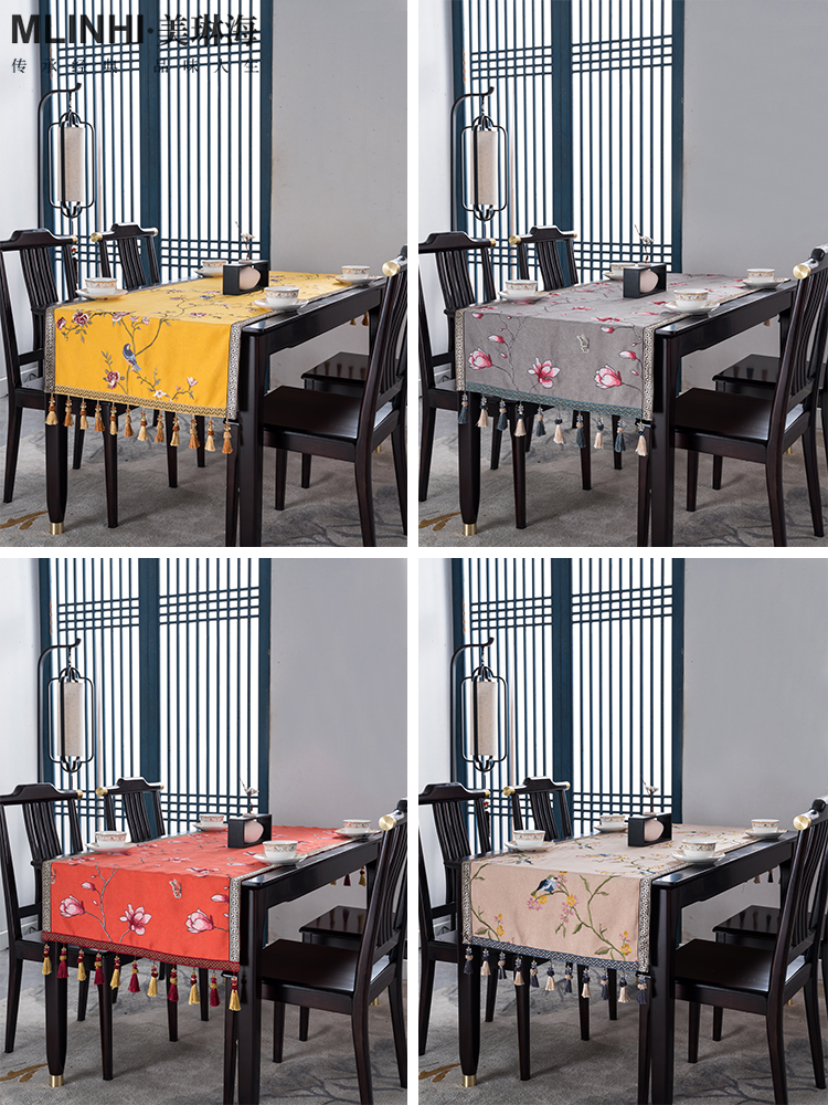 新中式餐桌布盖布棉麻流苏中国风现代长方形椭圆形台布桌布餐桌垫