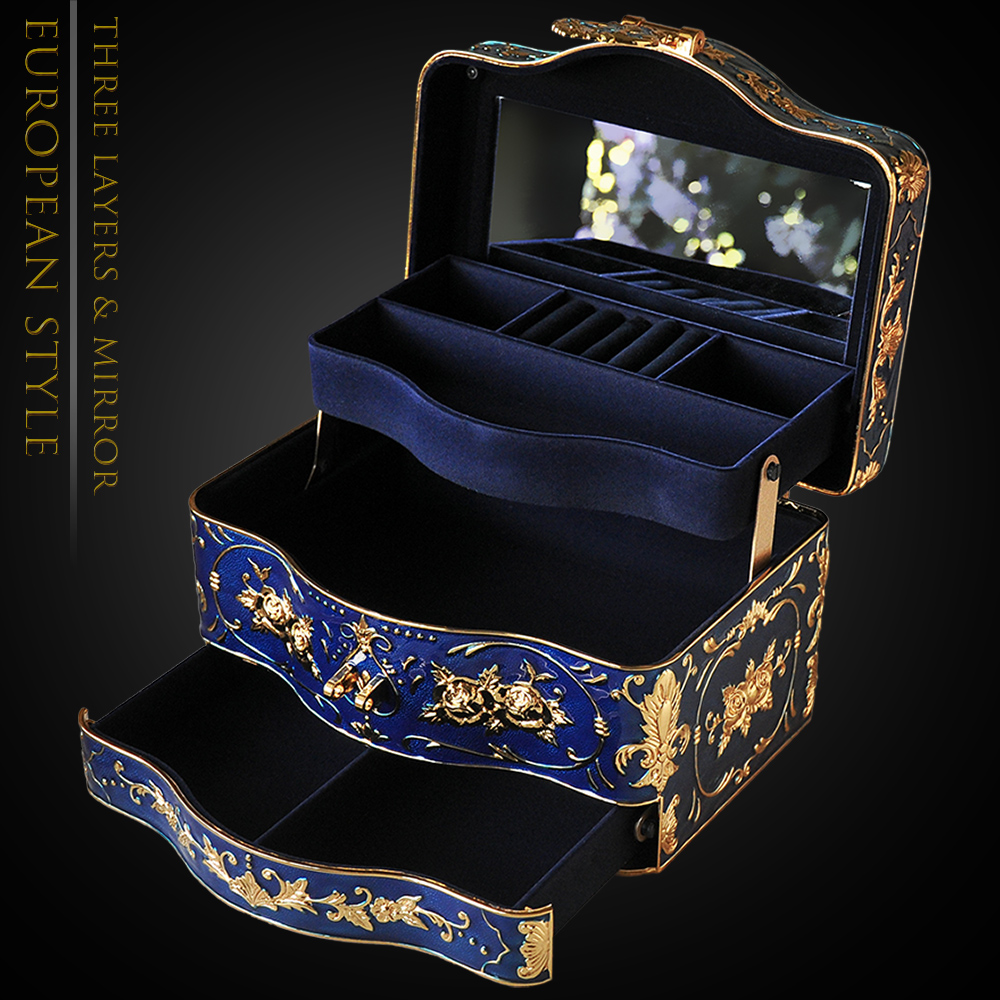 Wasjoye三层欧式公主首饰盒内置镜面带锁大号珠宝饰品戒指收纳盒
