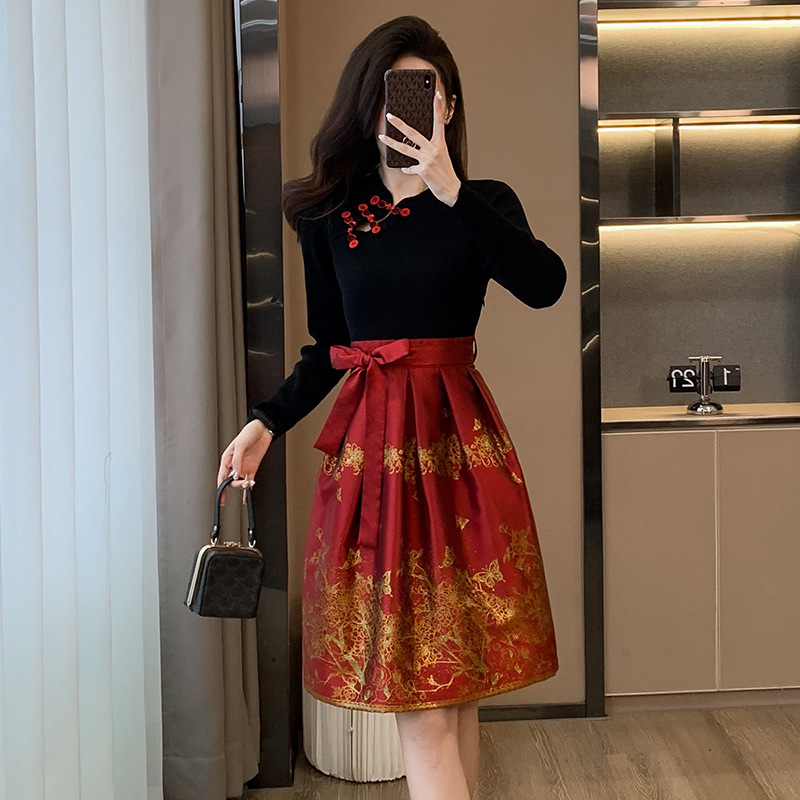 秋冬季新款中式连衣裙高级感中国风女装马面裙旗袍红色礼服裙气质