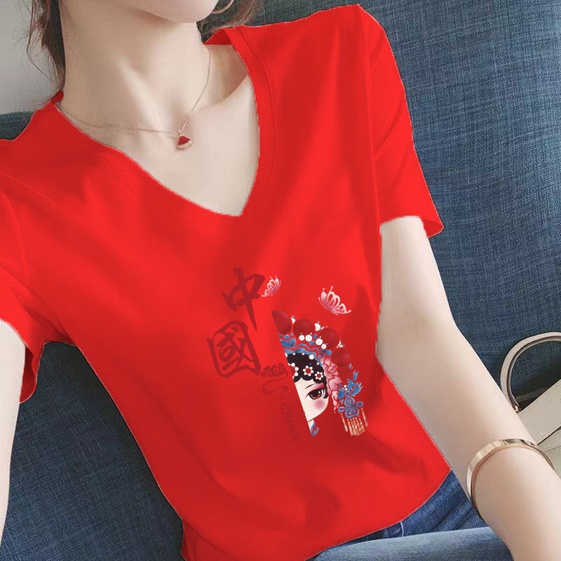 2022春夏新款V领纯棉短袖T恤女中国风红色国国潮印花学生花旦上衣