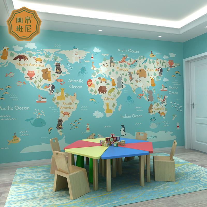 推荐世界地图卡通壁纸墙布无缝卧室儿童房男孩动物画简约现代北欧