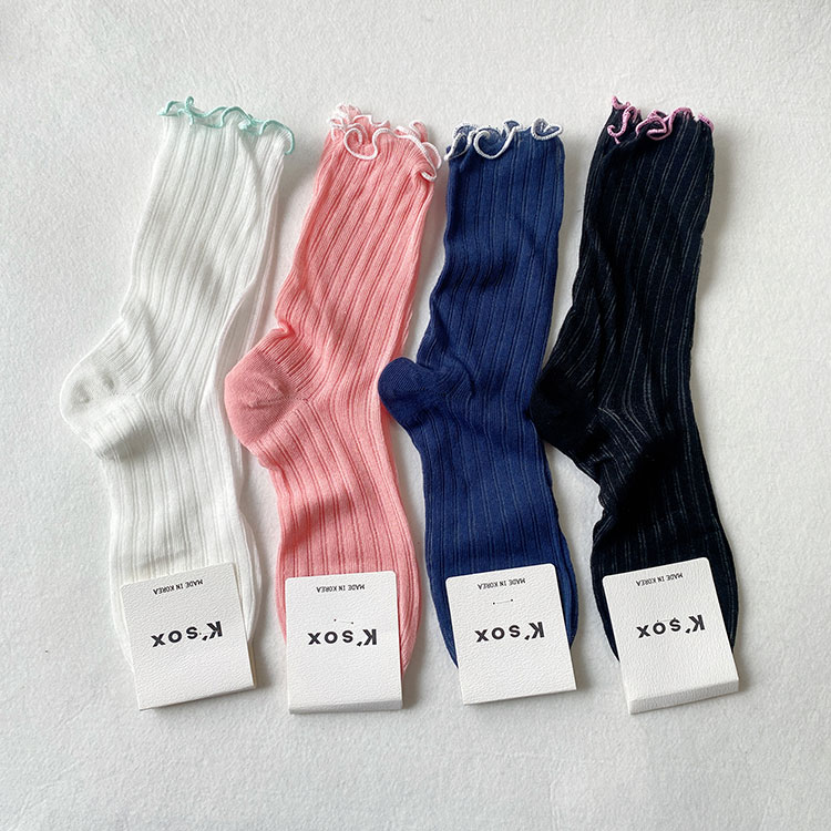KSOX韩国代购中筒袜女木耳边超薄棉透气纯色粉色白色夏季仙女袜
