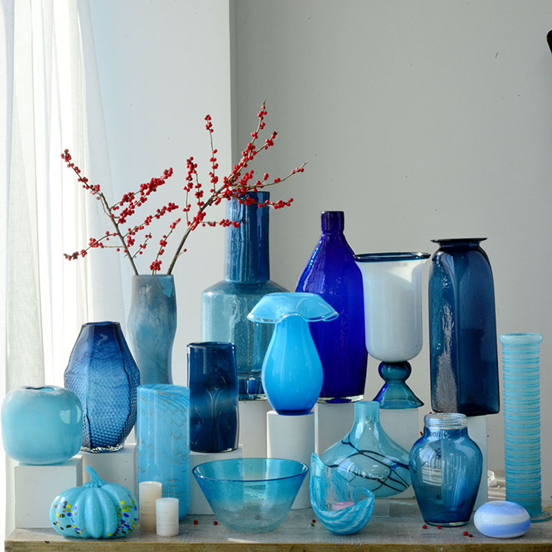 创意家居水培装饰花瓶蓝色系桌面摆件干花插花玻璃工艺花器艺术品