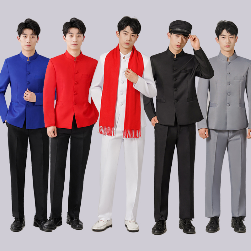 中国风明国舞台演出服装中山装学生五四青年装男士大合唱表演礼服