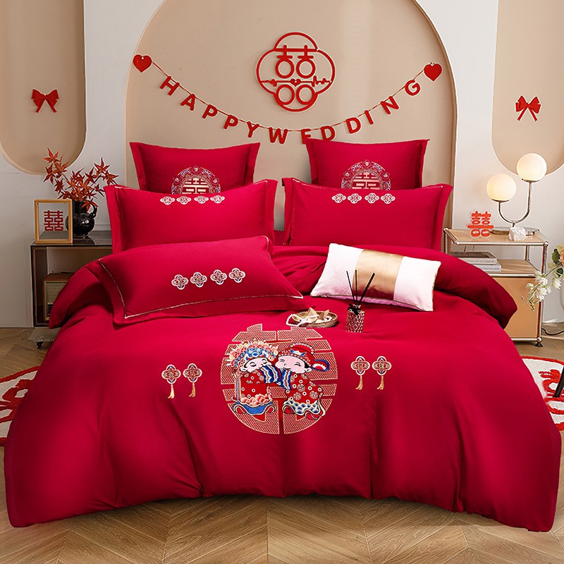 高档刺绣婚庆四件套大红色结婚床上用品纯棉新婚喜庆床单床笠婚房