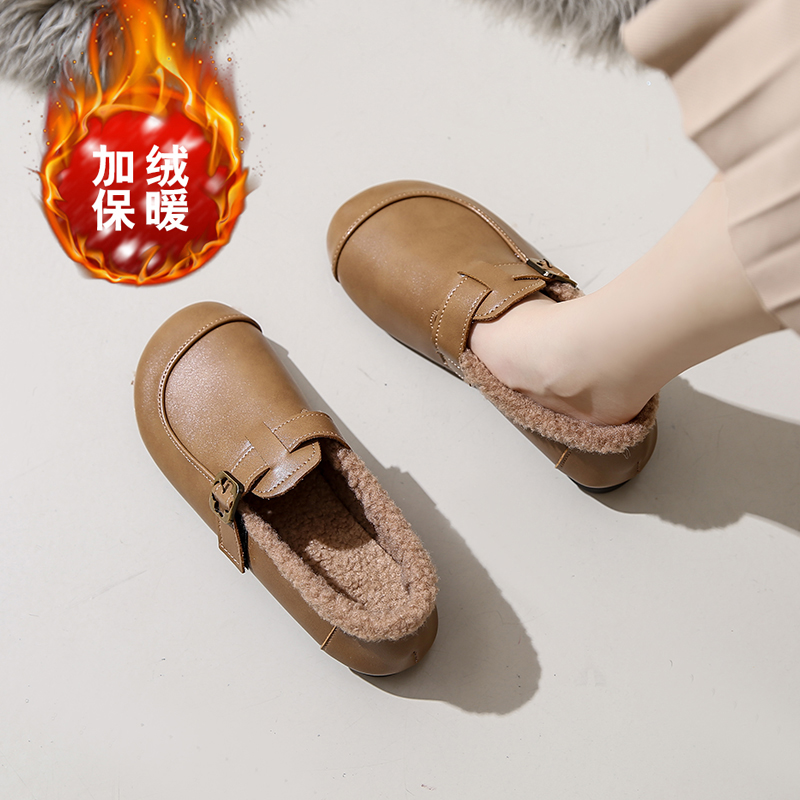 新款老北京棉鞋女冬加绒保暖妈妈鞋一脚蹬皮面防水豆豆鞋冬季新款