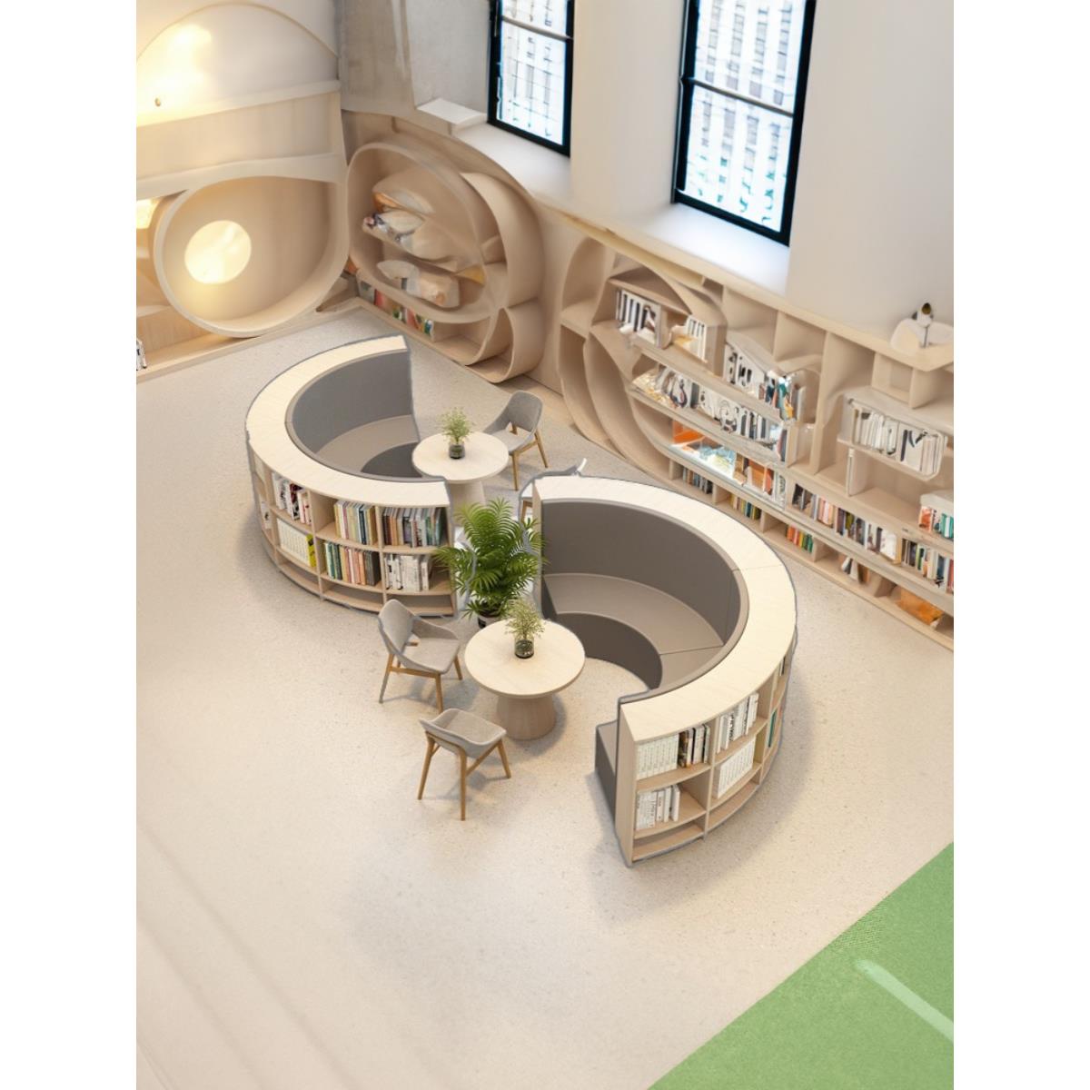 定制学校单位医院读书角休息区沙发图书馆绘本馆书柜一体弧形组合
