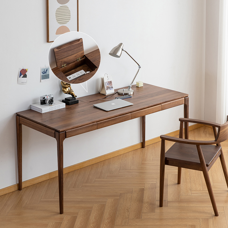 北欧实木书桌黑胡桃木带线盒电脑桌白橡木办公桌日式简约写字桌