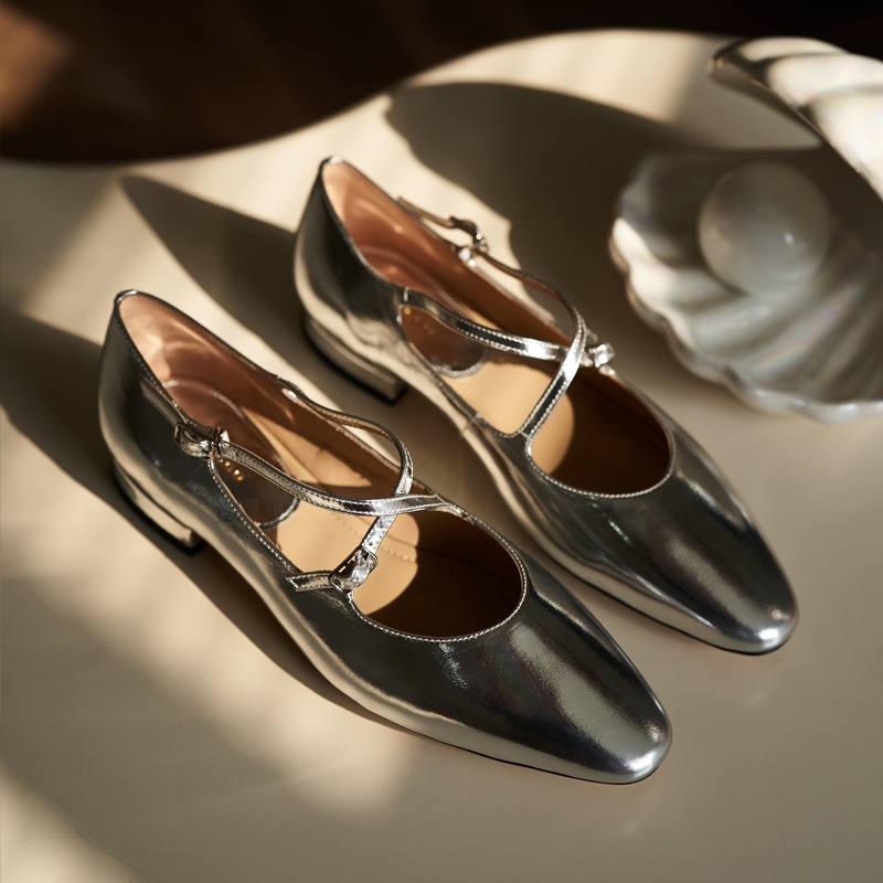 FAYTOBE法式玛丽珍24年春夏金属牛皮芭蕾鞋平跟金银色舒适单鞋