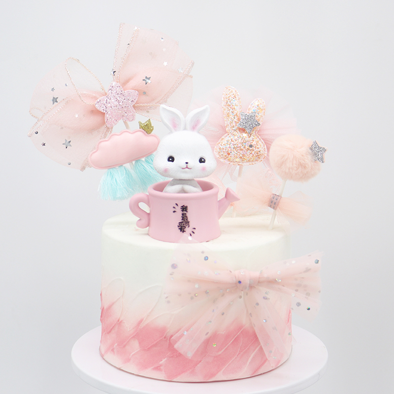 仟悦仿真蛋糕模型创意网红小兔玩偶可爱元素星星蝴蝶结毛球样品
