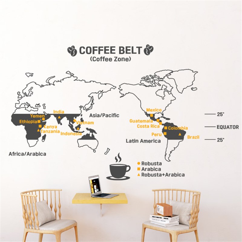 极速创意新款咖啡地图墙贴 咖啡豆种植分布咖啡馆厅奶茶店书店装