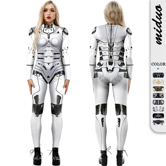 3D印图白色科技感连体长裤长袖紧身机器人派对星际空间舞台演出服