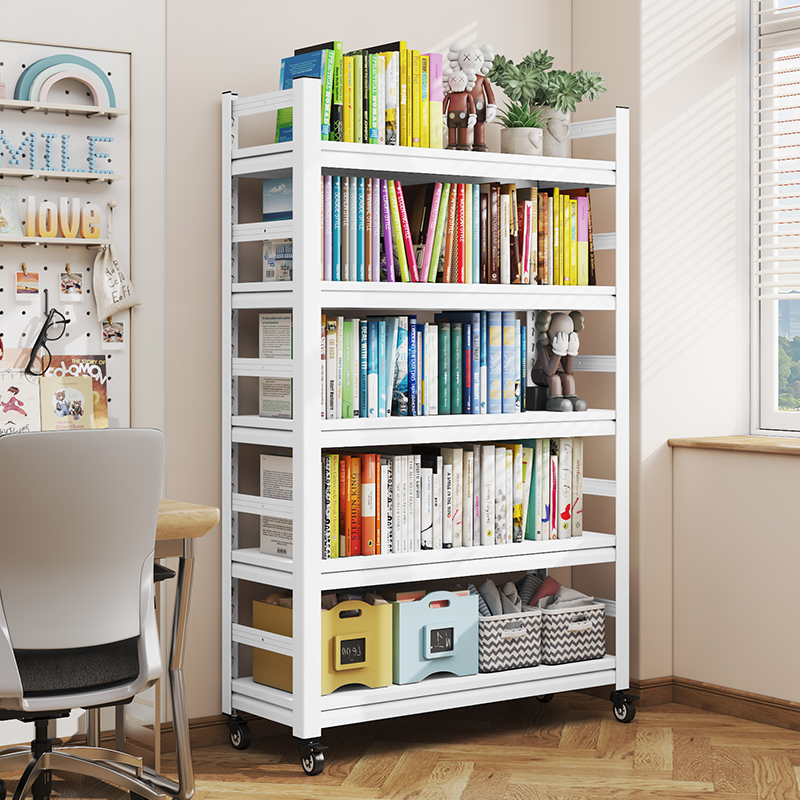 钢制书架加厚家用多层落地图书馆客厅可移动带轮子儿童书柜置物架