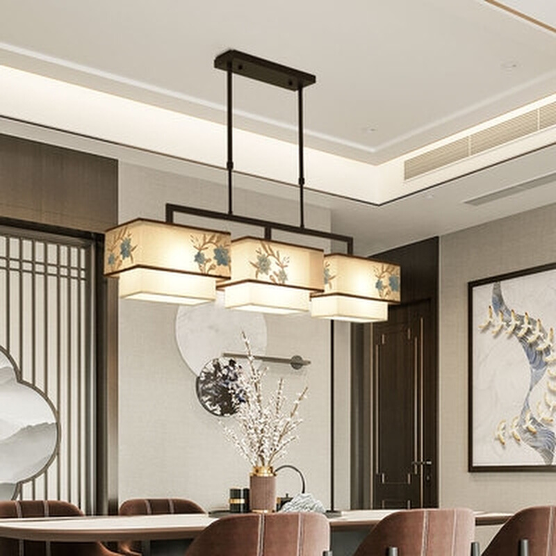 新中式餐厅吊灯长方形三头LED灯具中国风复古禅意书房茶室吧台灯