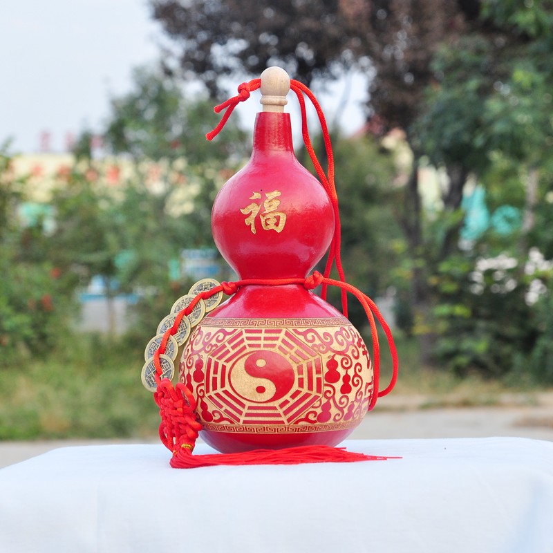 天然开口红葫芦喷漆朱砂挂件中国结五帝钱客厅玄关办公室摆件新气