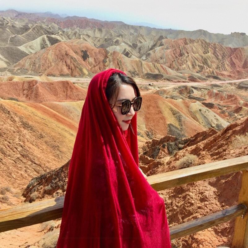 民族风女士夏季云南纯色西藏旅游拍照红色青海湖披肩丝巾沙漠大围