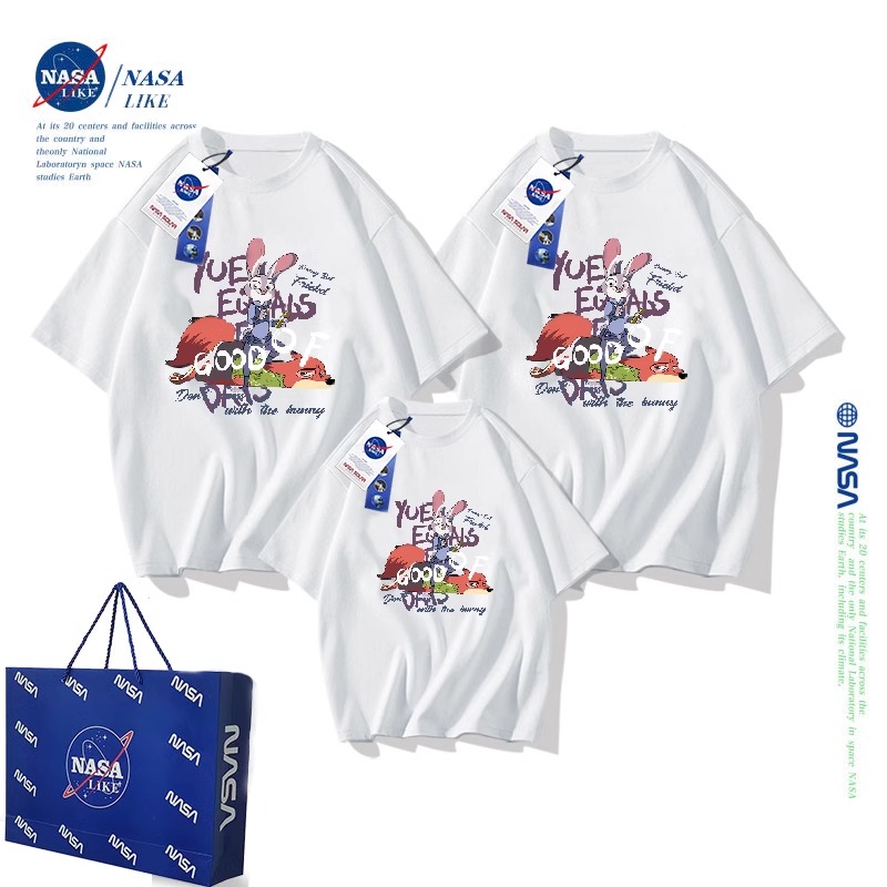 NASA联名疯狂动物城一家三口亲子装母女装2024夏季小儿童短袖t恤
