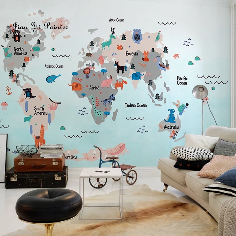 世界地图儿童房墙纸北欧地中海卡通动物电视背R景墙壁画卧室壁纸