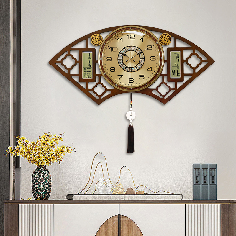 2024新款新中式客厅家用装饰静音挂钟时钟个性钟表扇形时钟中国风