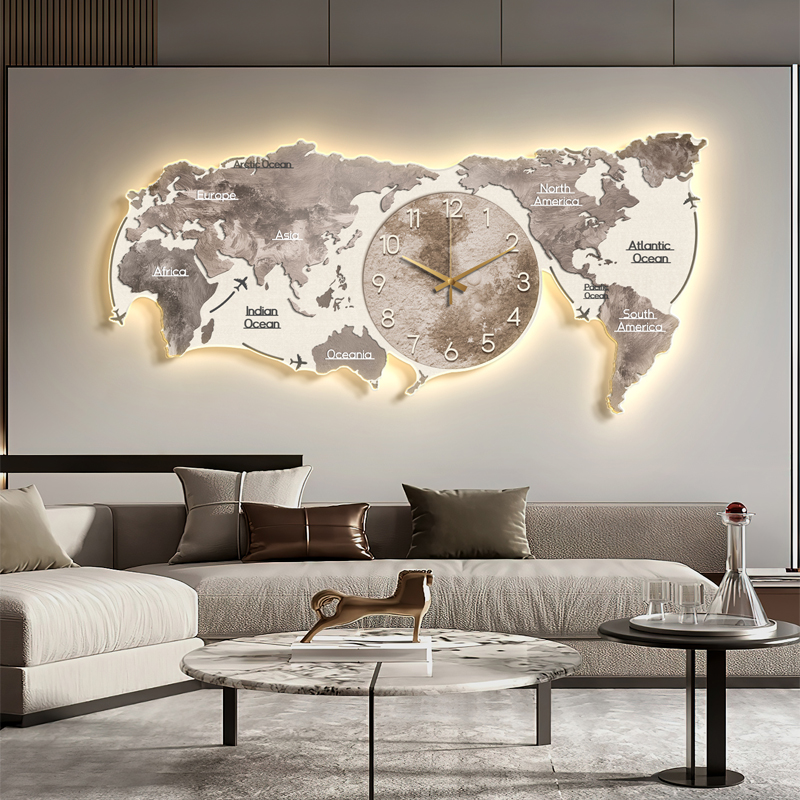 世界地图客厅装饰画壁灯s现代轻奢沙发背景墙壁画简约挂画带挂钟