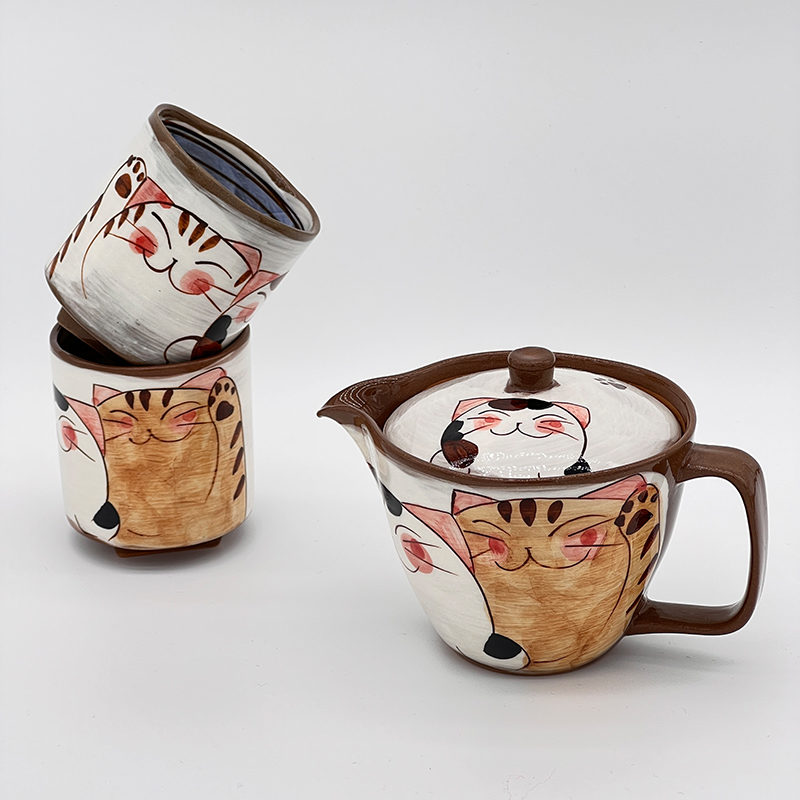 现货日本有田烧菊祥窑陶瓷可爱三只福猫三兄弟手绘招财猫咪茶壶杯