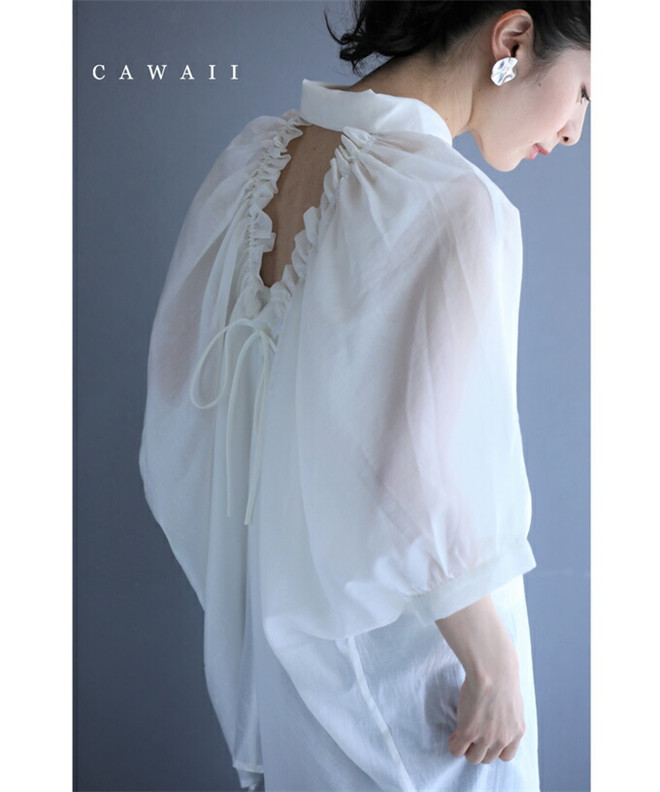 日本海外直邮2023夏季女装代购长袖透明感后背褶皱系带衬衫罩衫
