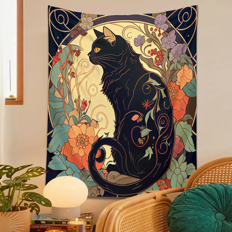 外贸玫瑰黑猫挂毯ins艺术背景墙布花卉动物挂布床头家居装饰布艺