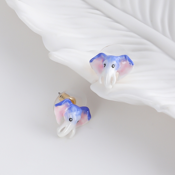 原创设计师珐琅釉彩手绘小众丛林大象蓝色粉色耳钉耳环情侣礼物潮