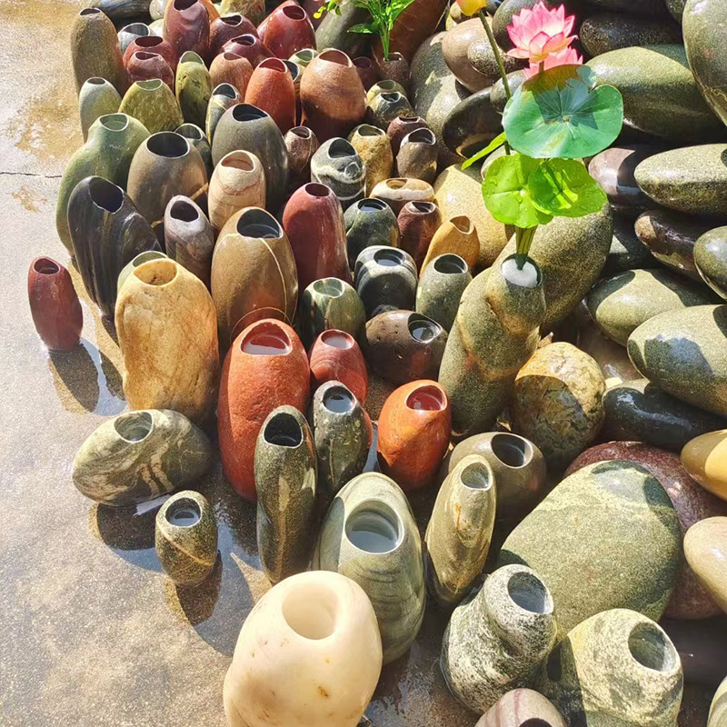 长筒花瓶天然石头花盆自然创意空间配饰花插鹅卵石盆包邮拾器1556