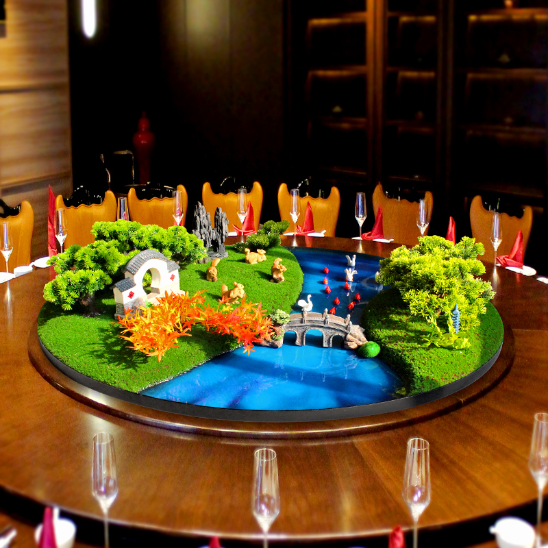新中式餐桌摆件沙盘圆桌中心景观装饰酒店大圆桌中间转盘桌芯摆花