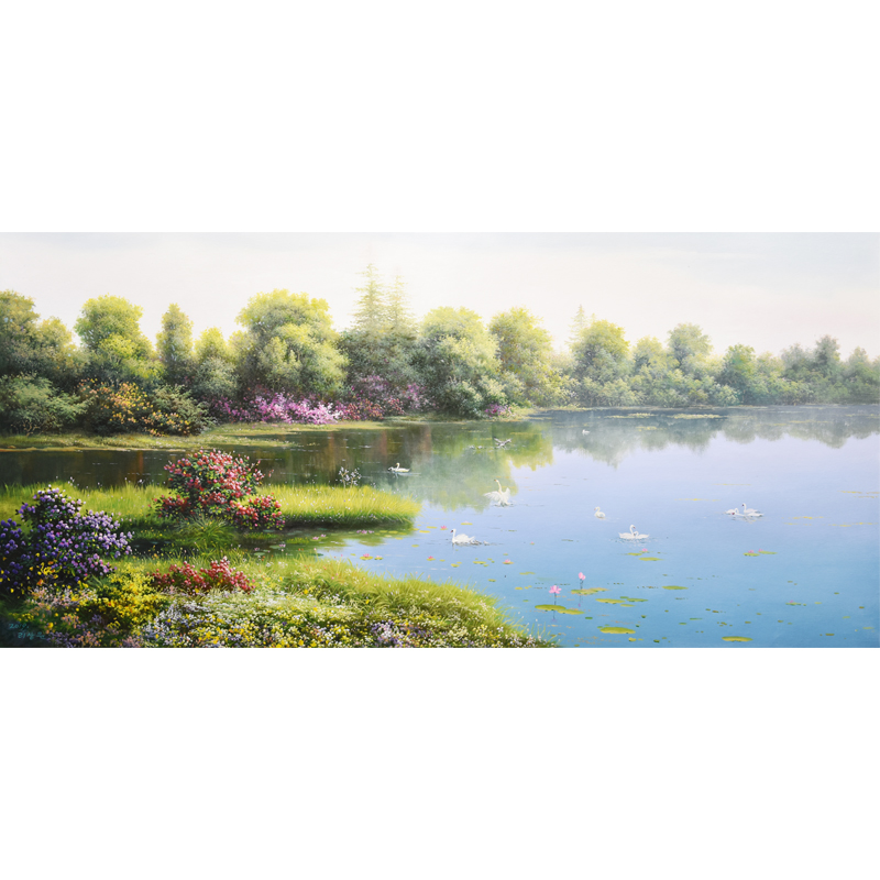 朝鲜风景油画手绘 宽1.7米 李相文 人民艺术家《天鹅湖畔》we471