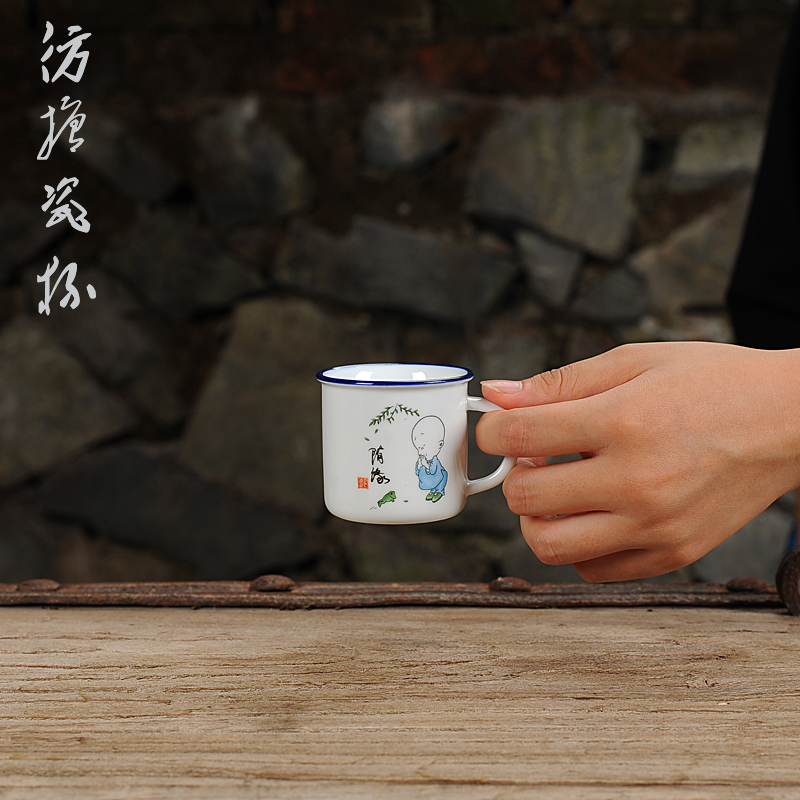 复古仿搪瓷定制茶杯经典小茶缸创意酒盅迷你怀旧陶瓷个性酒杯