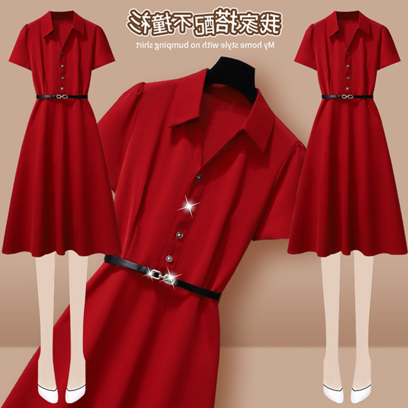 红色衬衫连衣裙女夏季女装2023年新款高级感夏装气质修身长裙子夏