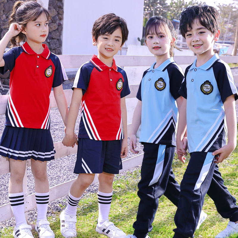 小学生校服夏装拼接短袖长裤儿童运动班服套装夏天蓝色幼儿园园服