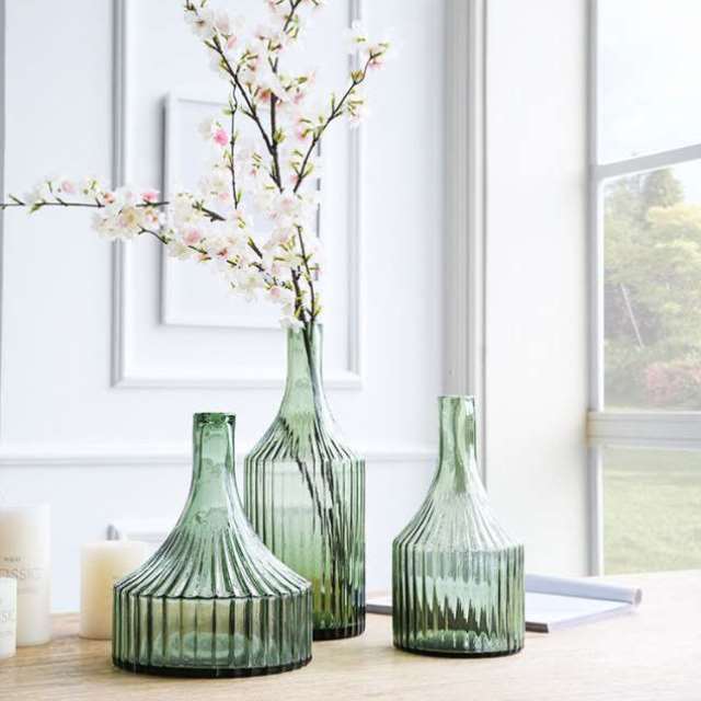 美式复古绿色条纹竖口玻璃花瓶超美吊钟马醉木专用花瓶鲜切木花器
