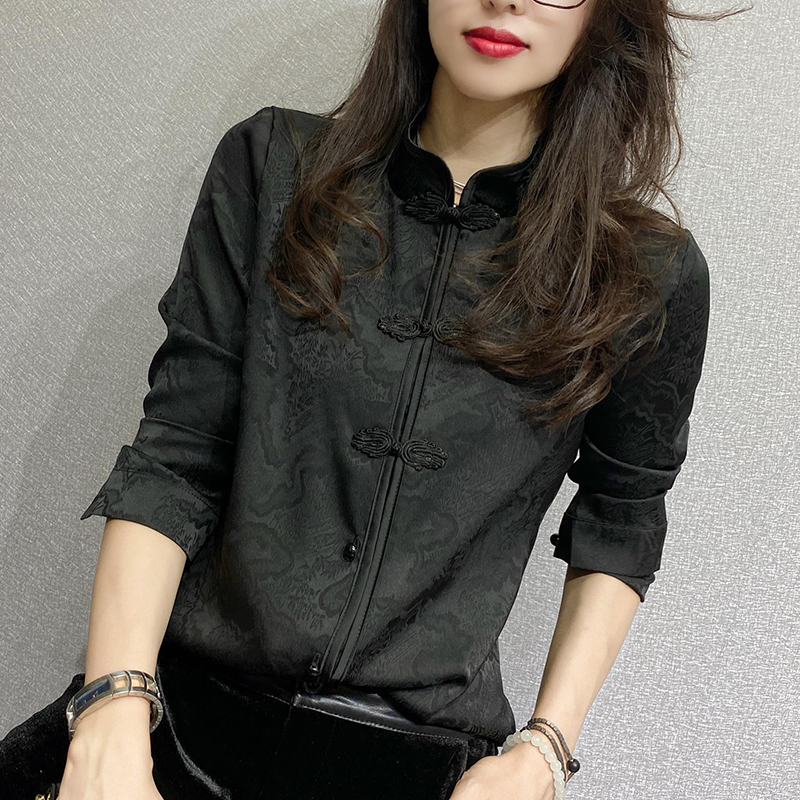 黑色高级感衬衫女复古中国风时尚洋气长袖盘扣衬衣显瘦气质上衣潮