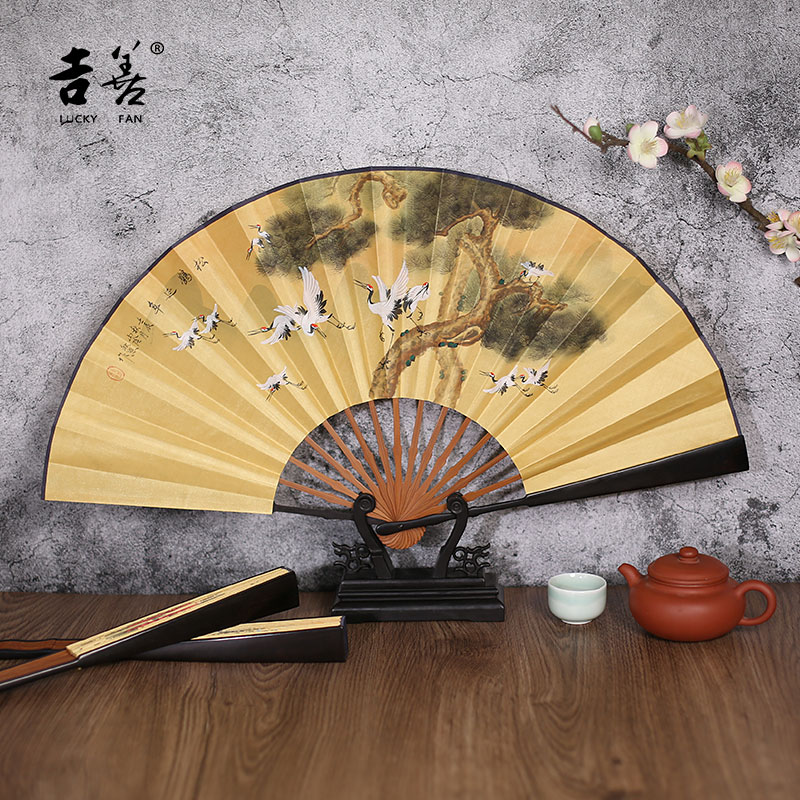 吉善中国风绢面折扇10寸工笔绘画男士黑檀木古典礼品工艺扇子