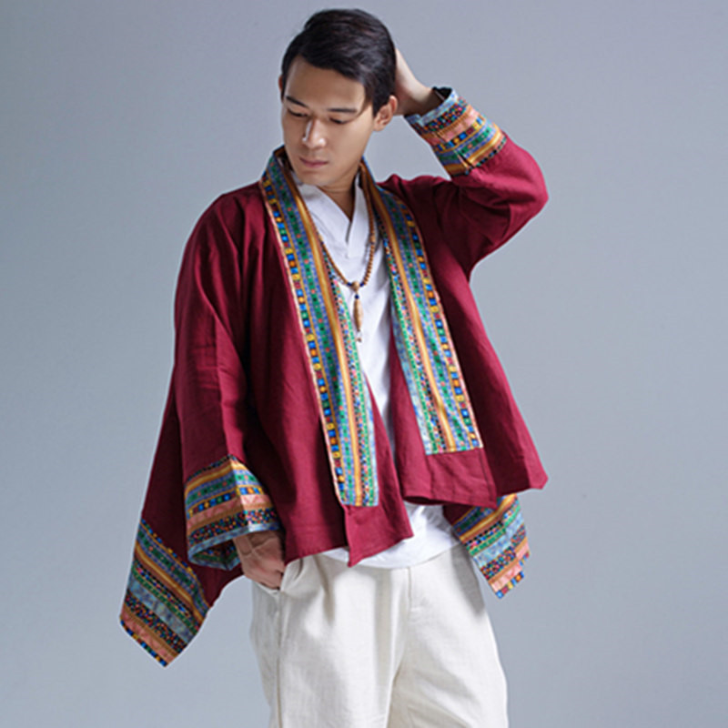 中国风开衫苎麻男外套上衣印花花边复古民族风斗蓬风衣西藏旅行服