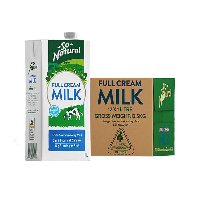 【自营】澳洲进口So Natural 澳伯顿全脂纯牛奶1L*12盒整箱青少年