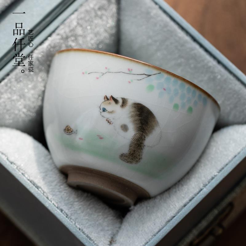 一品仟堂汝窑可爱猫宽口主人杯个人杯陶瓷开片汝瓷茶杯家用主人杯