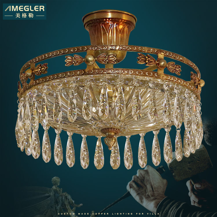 美格勒法式全铜水晶吸顶灯别墅圆形复古奢华过道玄关阳台卧室灯具