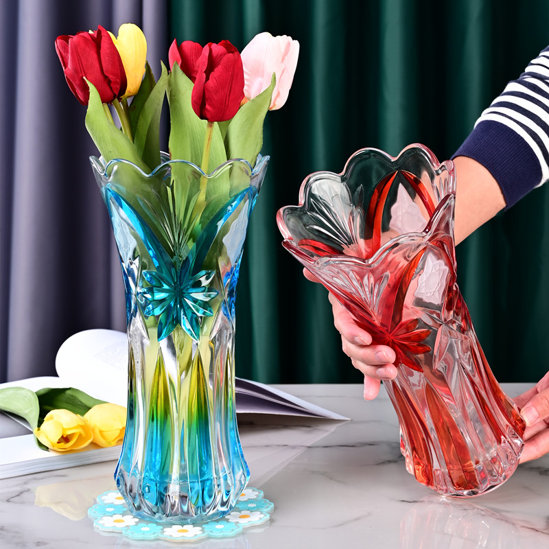中国风彩色高档玻璃花瓶水培富贵竹插玫瑰花摆件客厅家用简约现代