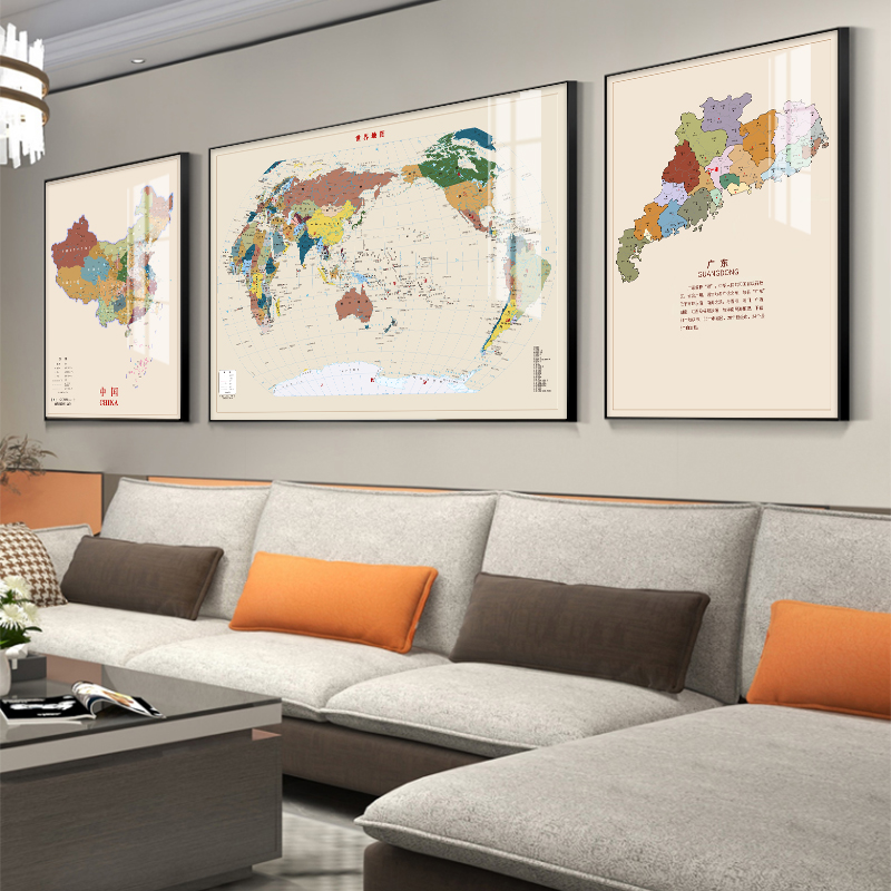 网红中国世界地图装饰画三联客厅沙发背景墙壁画定制办公室挂画晶