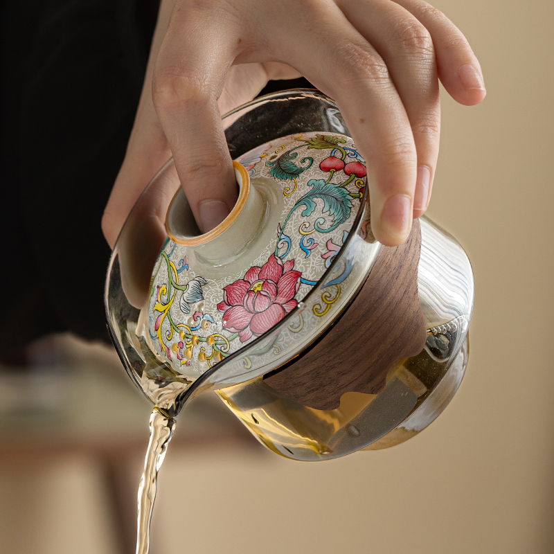 凌霄花玻璃盖碗茶杯家用防烫手泡茶碗带盖单个手抓壶茶壶功夫茶具