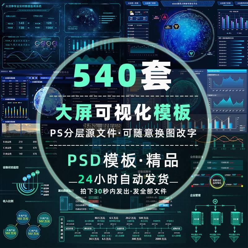 科技大屏数据可视化监控大数据统计图表后台管理ps图PSD设计模板