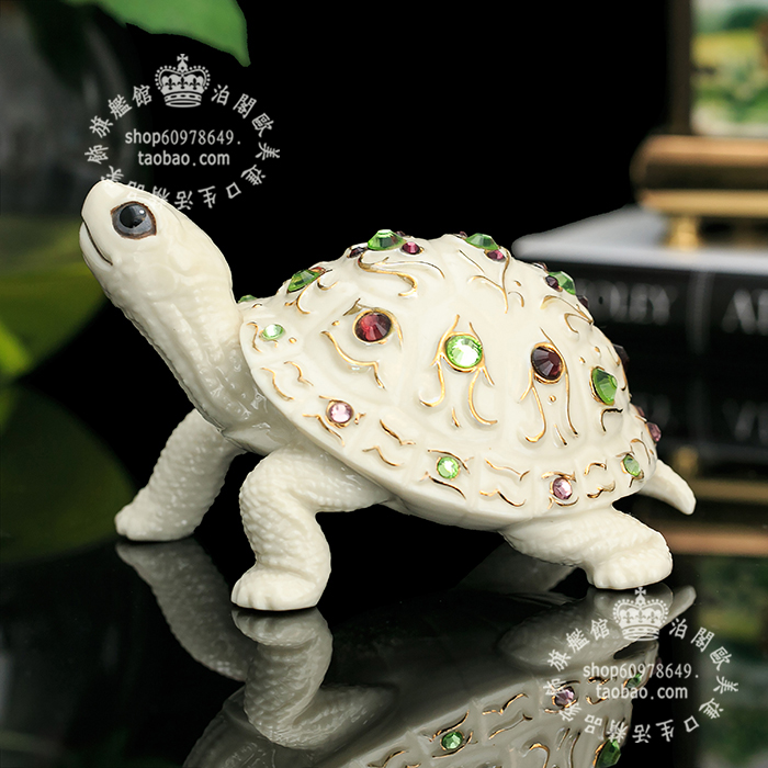 美国 Lenox 手绘晶莹剔透镶宝石 象牙瓷如意长寿小海龟陶瓷摆件
